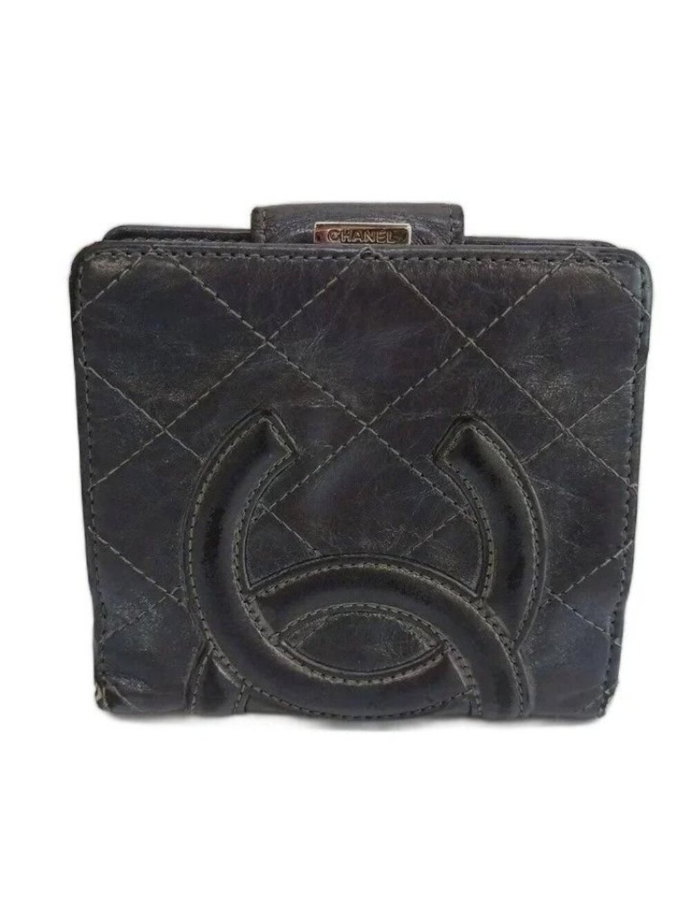 Chanel Cambon Line Wallet Bifold Kiss Lock Leather Quilted CC Logo Black
